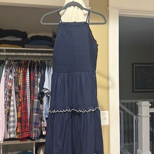Ann Taylor navy halter smocked tiered midi dress